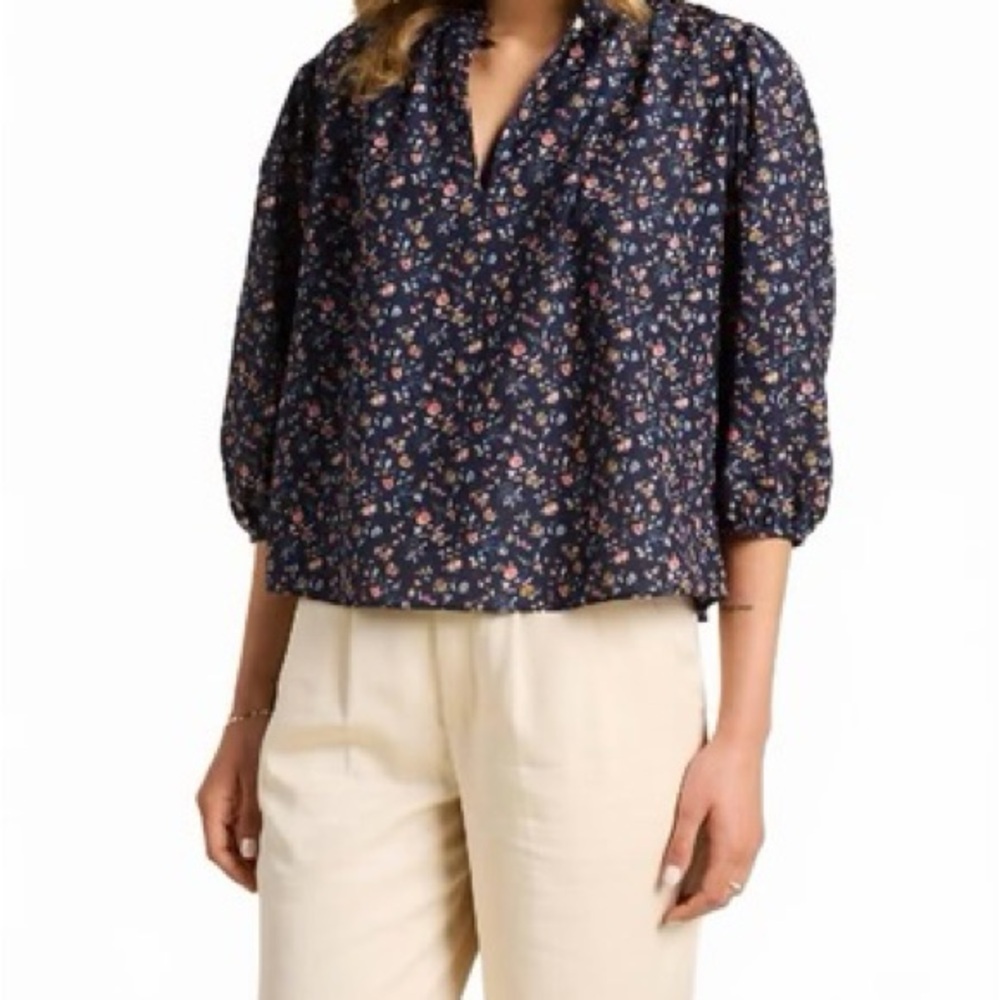 Women's Navy Floral Peasant Blouse